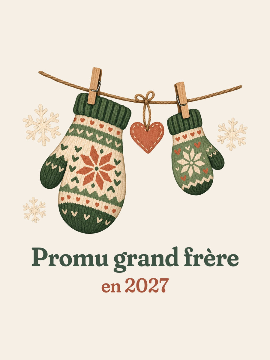 Visuel d’illustration – gros plan du motif : deux moufles et « Promu grand frère en 2027 » (exemple)