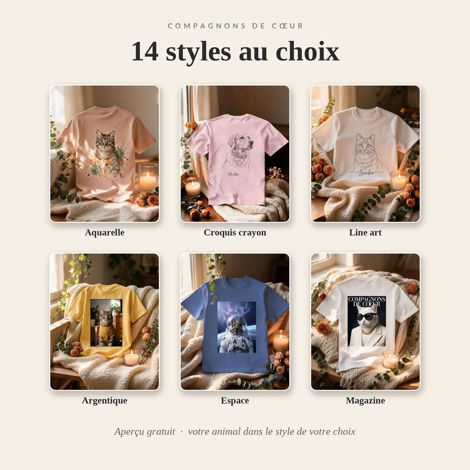 Les 14 styles artistiques de portraits personnalisés Compagnons de Cœur