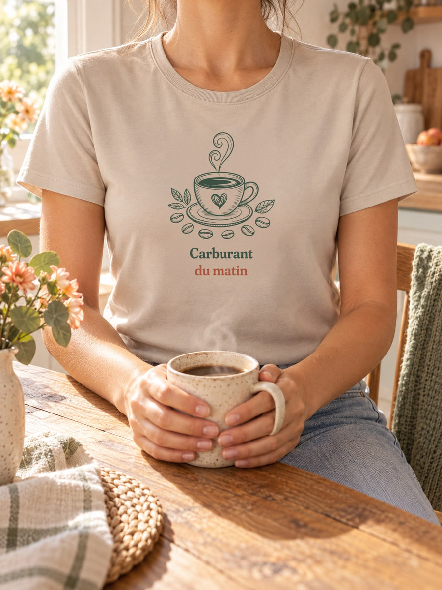 Visuel d’illustration – t-shirt dans une mise en situation, avec le motif une tasse de café noir à cœur, entourée de feuilles et de grains de café, d’où monte une volute et « Carburant du matin »