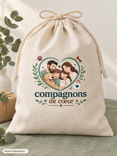 Visuel d’illustration – sac cadeau réutilisable en coton naturel, 38 × 45 cm, fermé par un cordon, avec le logo Compagnons de Cœur imprimé sur le devant