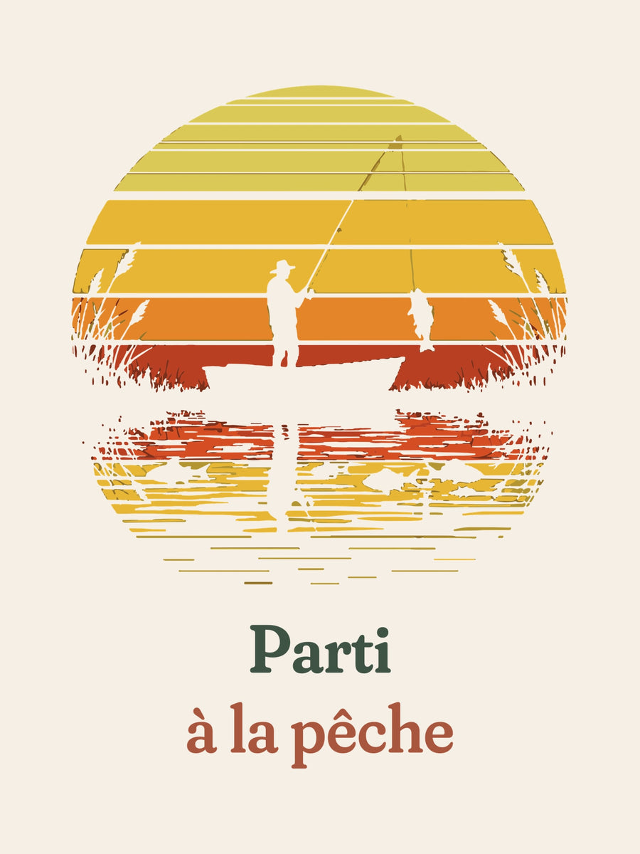 Visuel d’illustration – gros plan du motif : un pêcheur sur sa barque devant un soleil couchant à bandes rétro qui se reflète dans l’eau et « Parti à la pêche »