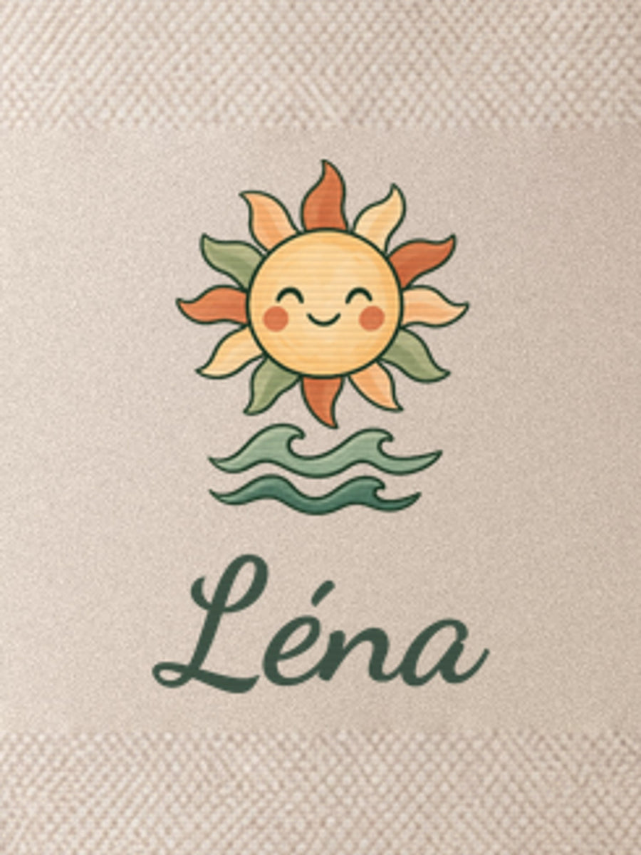 Visuel d’illustration – gros plan du motif imprimé : soleil, vagues et « Léna »