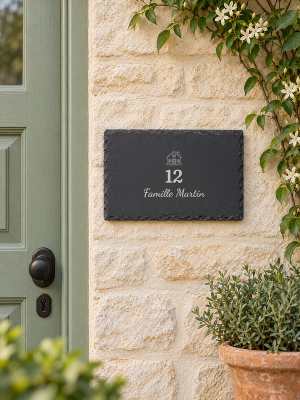 Visuel d’illustration – plaque en ardoise fixée près d’une porte d’entrée, gravée d’une maison, « 12 » et « Famille Martin » (exemple)