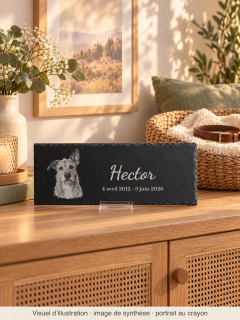 Visuel d’illustration : plaque en ardoise gravée du portrait d’un chien, de son prénom et de ses dates