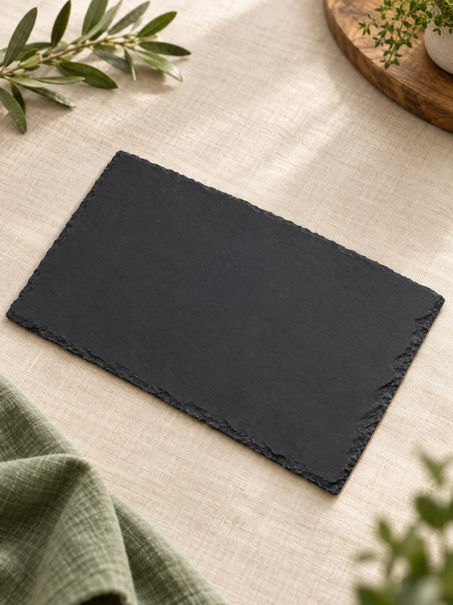 Visuel d’illustration – ardoise naturelle rectangulaire vierge de 30 × 20 cm, posée sur un lin crème
