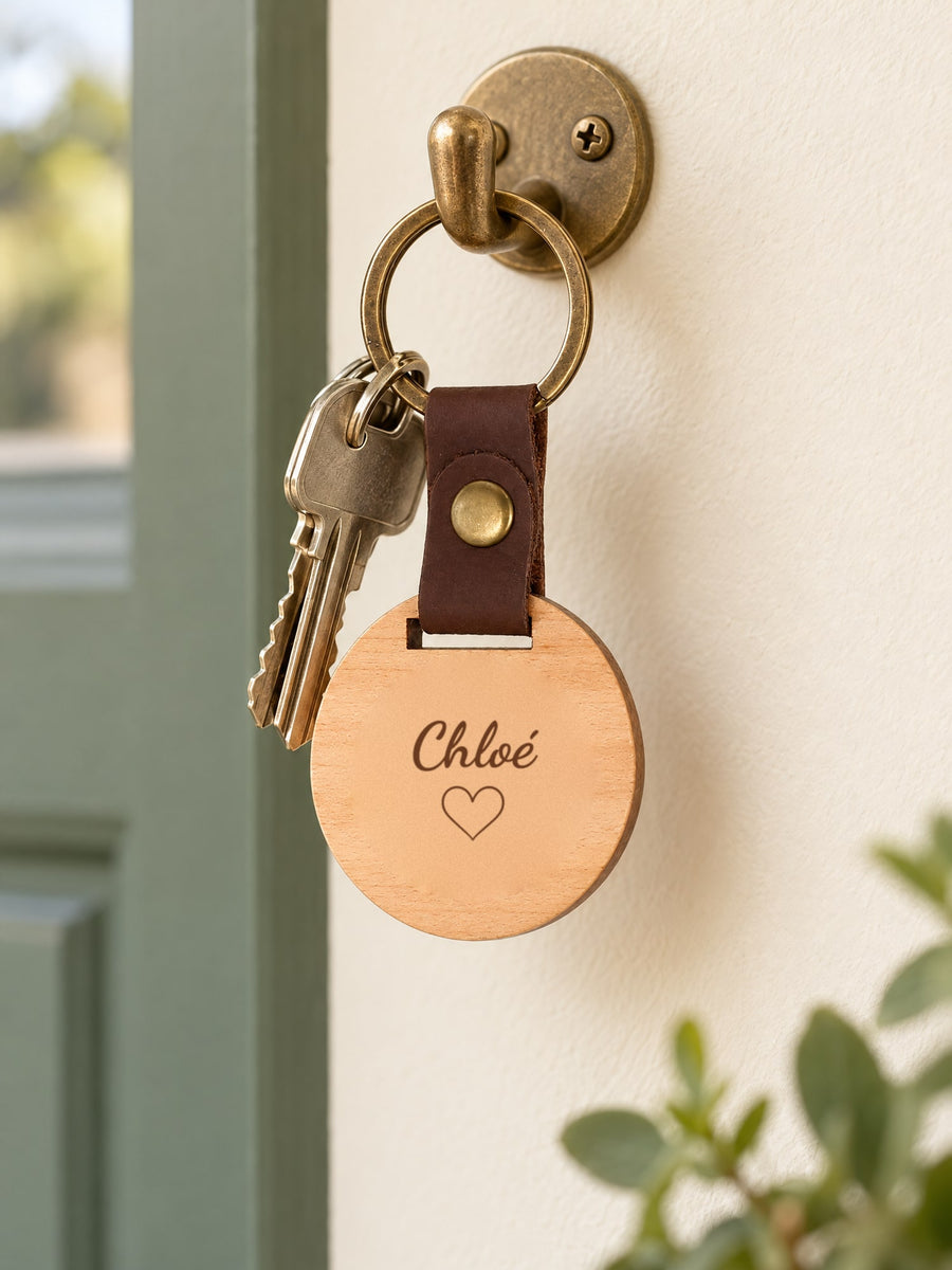 Visuel d’illustration – porte-clés en bois suspendu à un crochet avec des clés, gravé « Chloé » et un petit cœur (exemple de prénom)