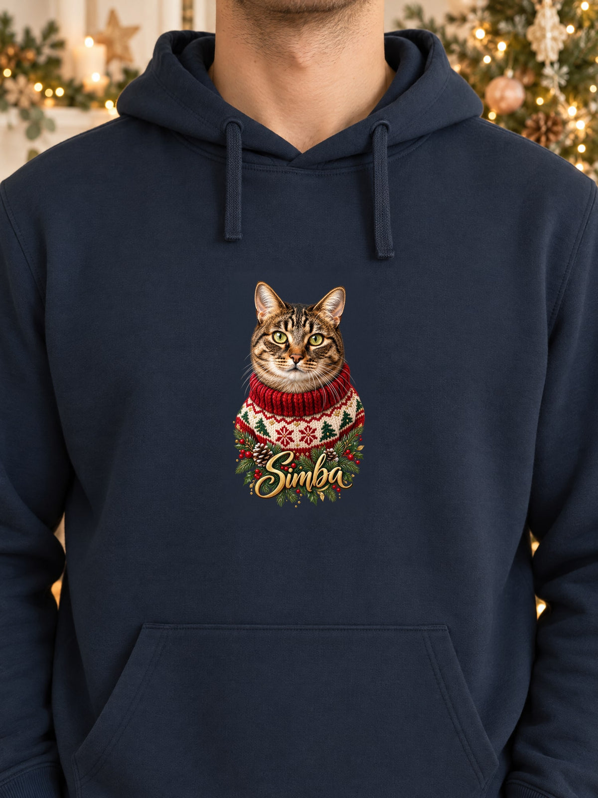 Sweat à capuche navy avec le portrait d’un chat en pull de Noël