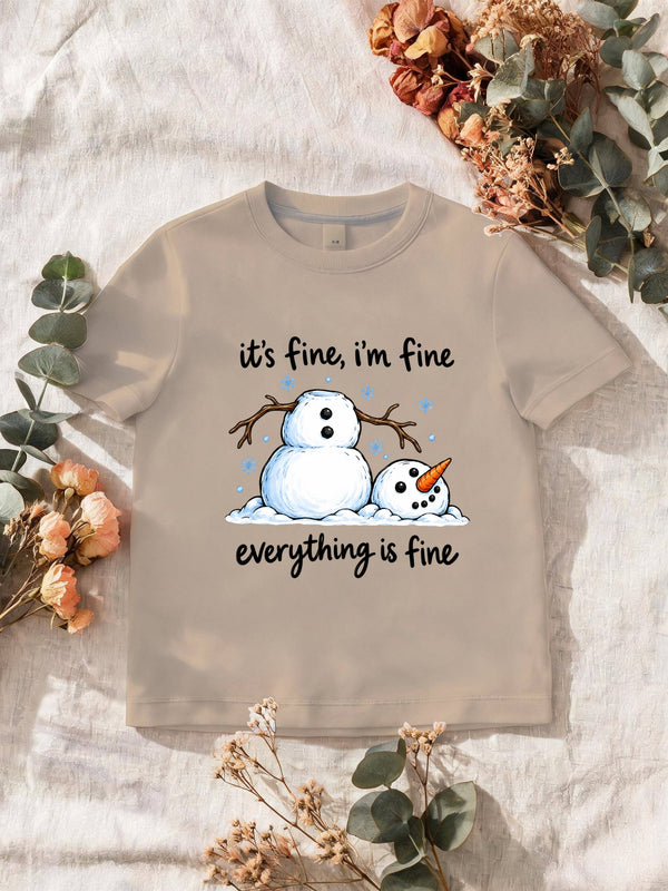 Visuel d’illustration – T-shirt homme sable avec le bonhomme de neige qui a perdu la tête et « it's fine, i'm fine, everything is fine »