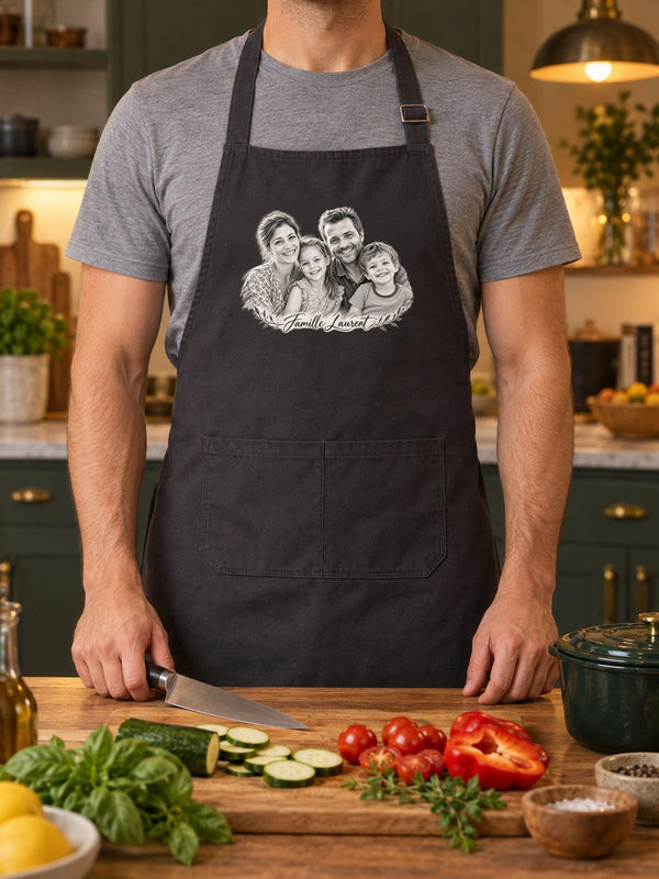 Visuel d’illustration – tablier noir porté par un homme dans une cuisine le soir, derrière un îlot avec des légumes et une cocotte, avec un portrait de famille fictive au crayon clair, style Croquis, texte « Famille Laurent »