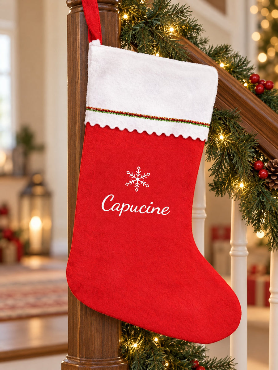 Visuel d’illustration – trois chaussettes de Noël aux prénoms d’exemple suspendues à un escalier