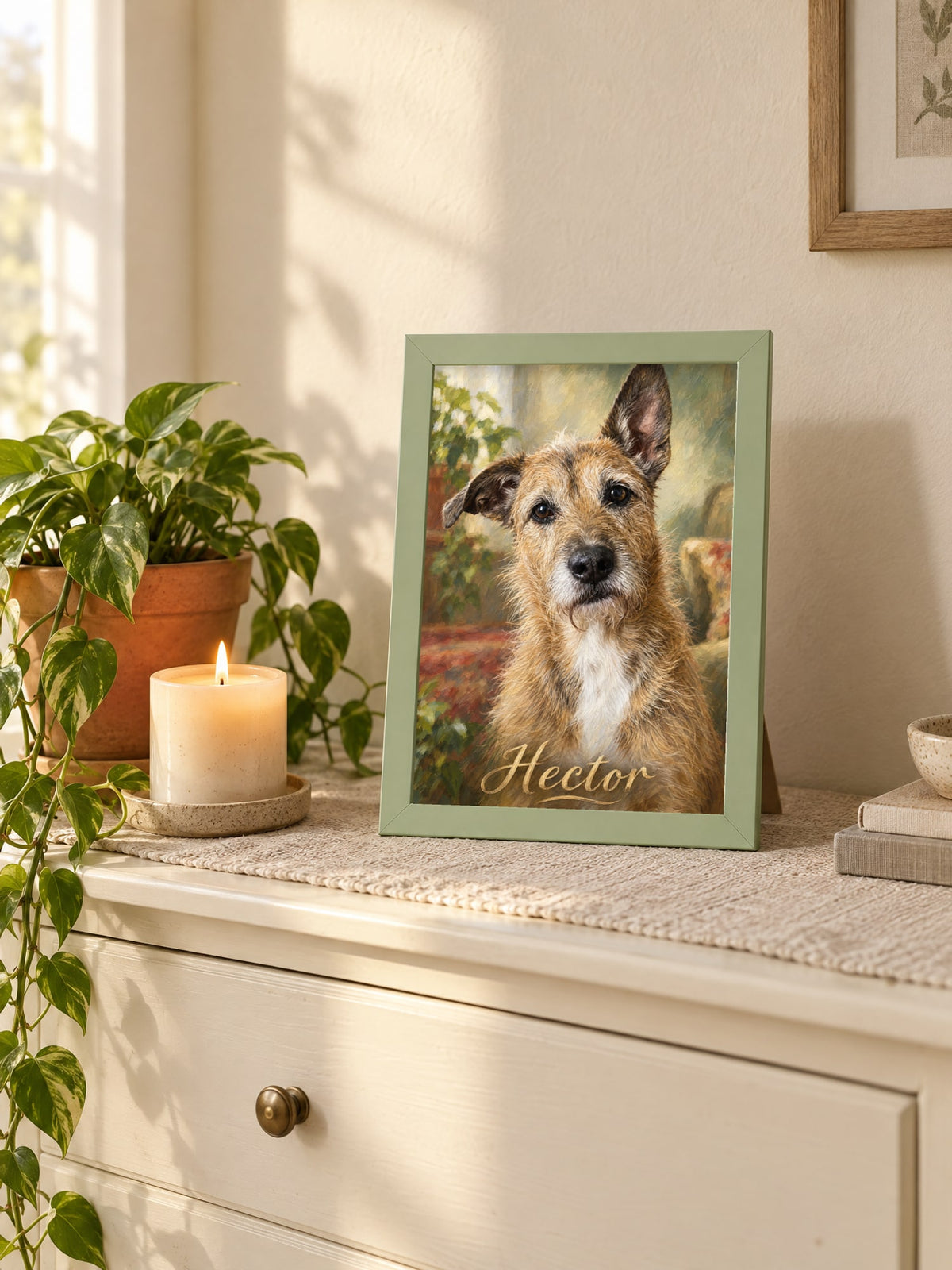 Visuel d’illustration – cadre vert pastel avec le portrait peint d’un chien, posé sur une commode