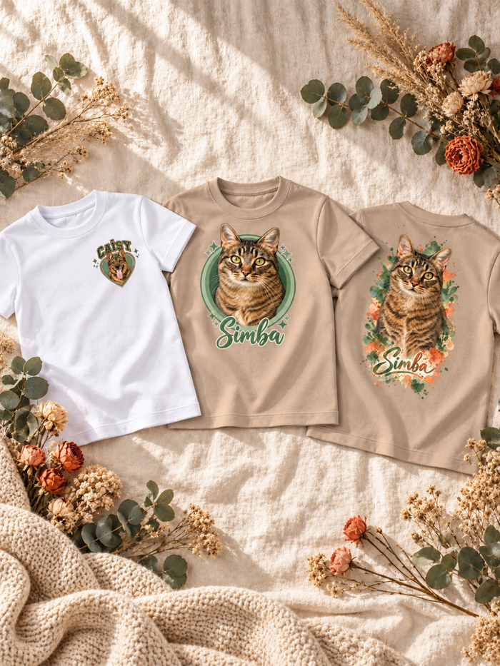 Trois t-shirts enfant personnalisés présentant les emplacements côté cœur, grand devant et grand dos.