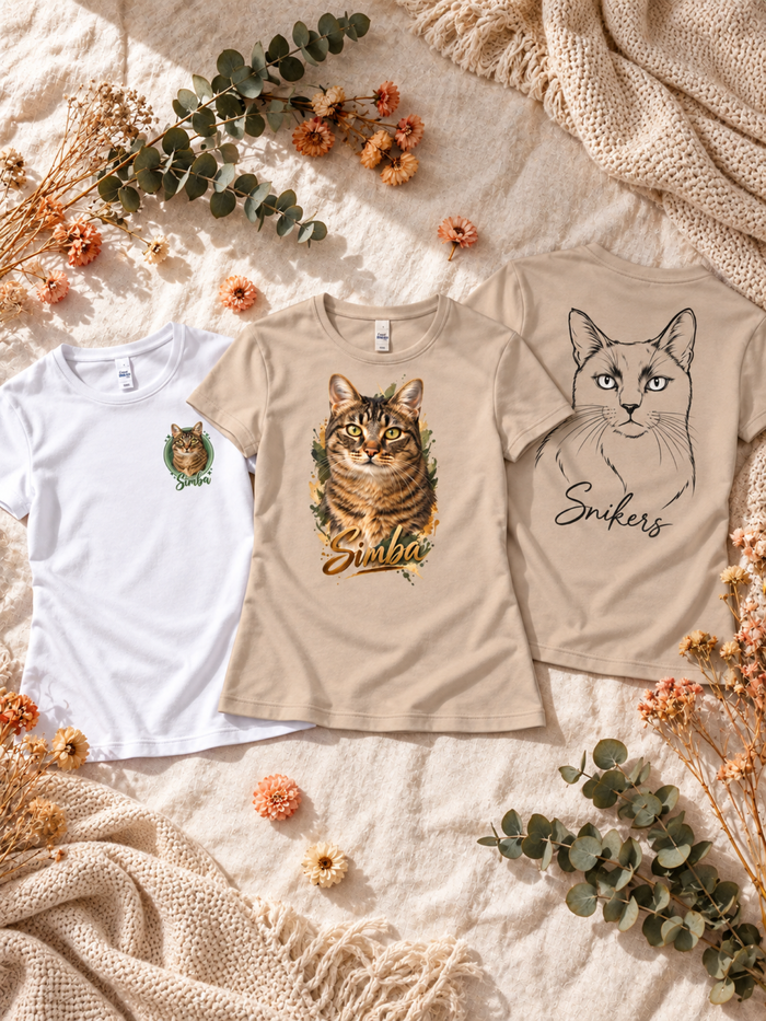 Trois t-shirts femme personnalisés présentant les emplacements côté cœur, grand devant et grand dos.
