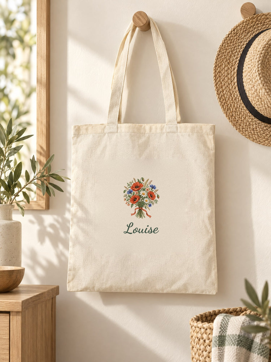 Visuel d’illustration – tote bag suspendu à une patère, avec le bouquet de fleurs des champs et « Louise » (exemple de prénom)