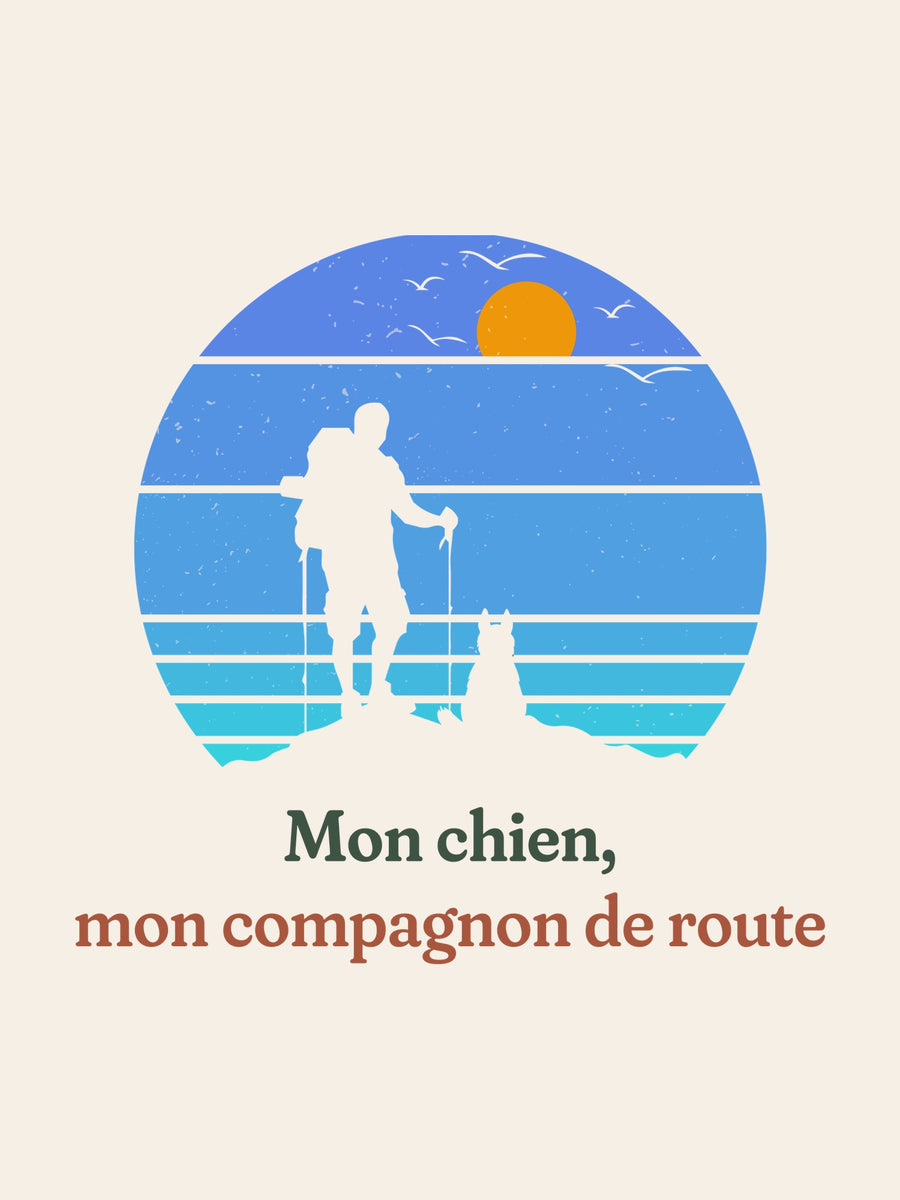 Visuel d’illustration – gros plan du motif : un randonneur et son chien sur une crête, en silhouettes devant un soleil couchant à bandes rétro bleues et « Mon chien, mon compagnon de route »