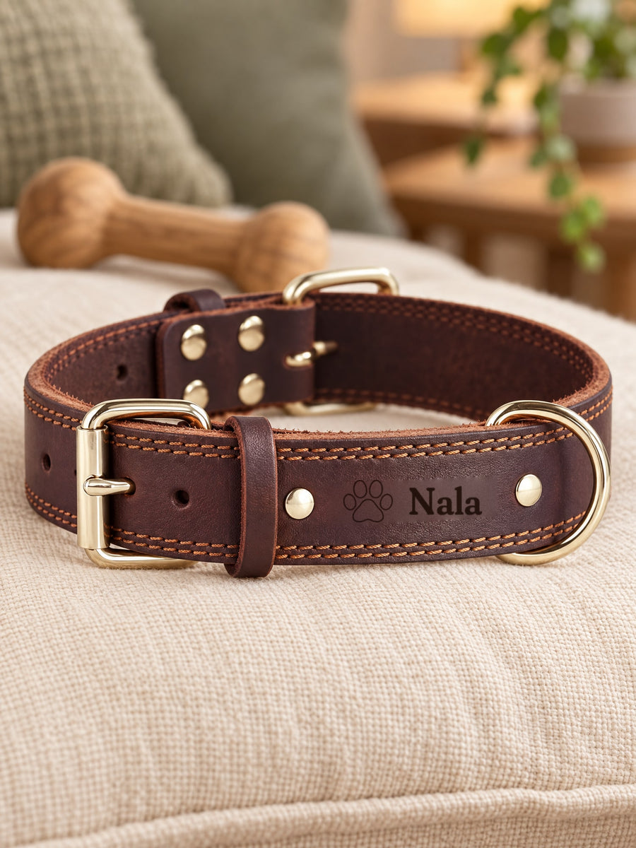 Visuel d’illustration – collier en cuir sur un coussin en lin, gravé « Nala » (exemple)