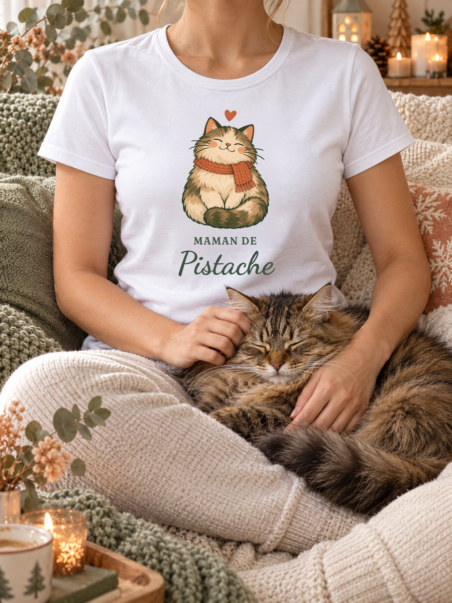 Visuel d’illustration – t-shirt blanc dans une mise en situation, avec le motif un chat en écharpe et « Maman de Pistache » (exemple de prénom)