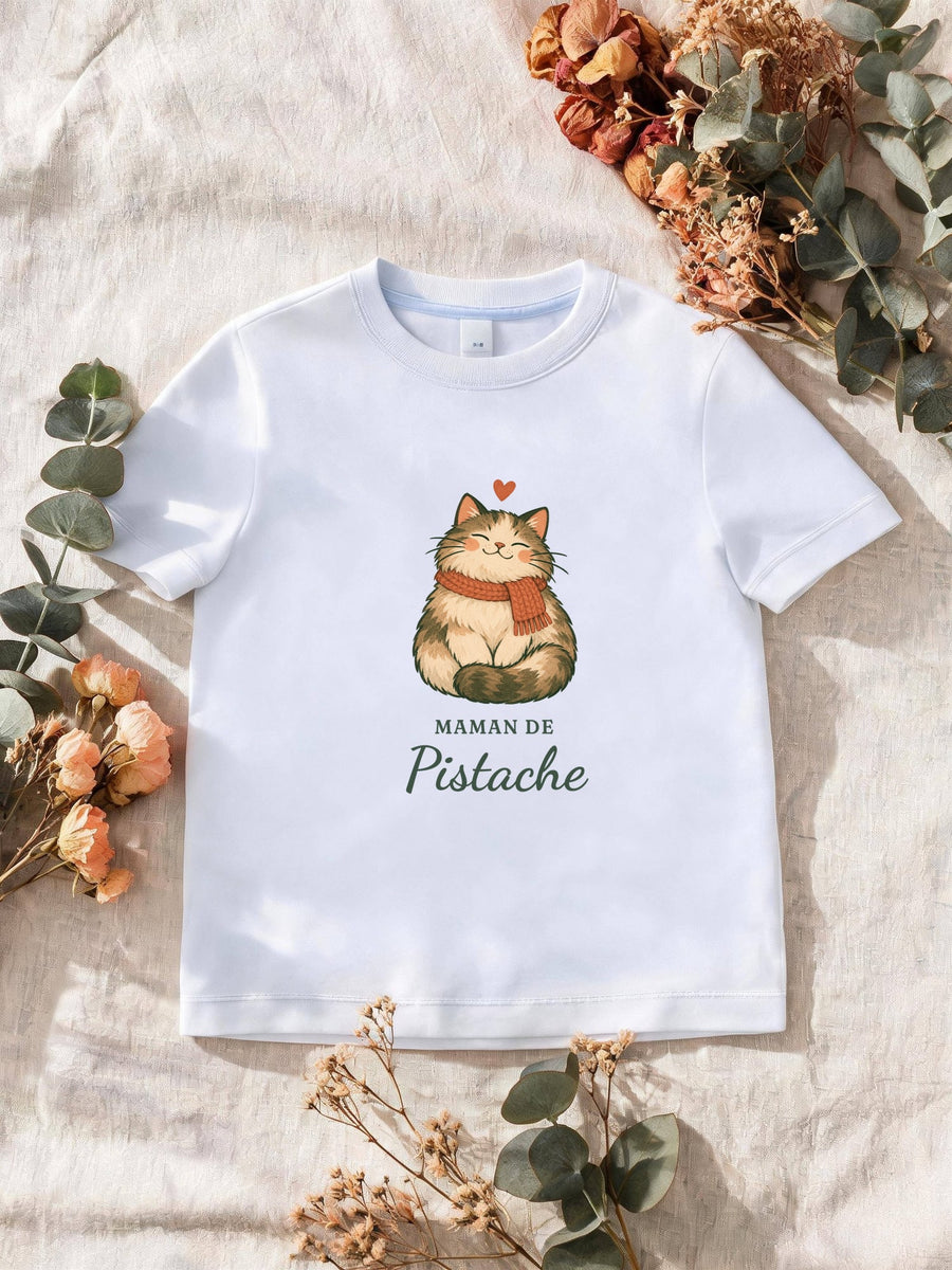 Visuel d’illustration – T-shirt homme blanc avec le motif un chat en écharpe et « Maman de Pistache » (exemple de prénom)