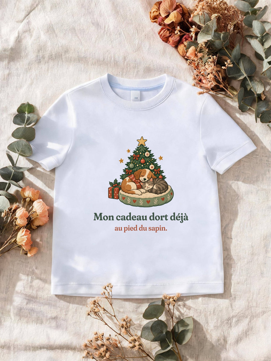 Visuel d’illustration – T-shirt homme blanc avec le motif de Noël : un chien et un chat endormis au pied d’un petit sapin et la phrase « Mon cadeau dort déjà au pied du sapin. »
