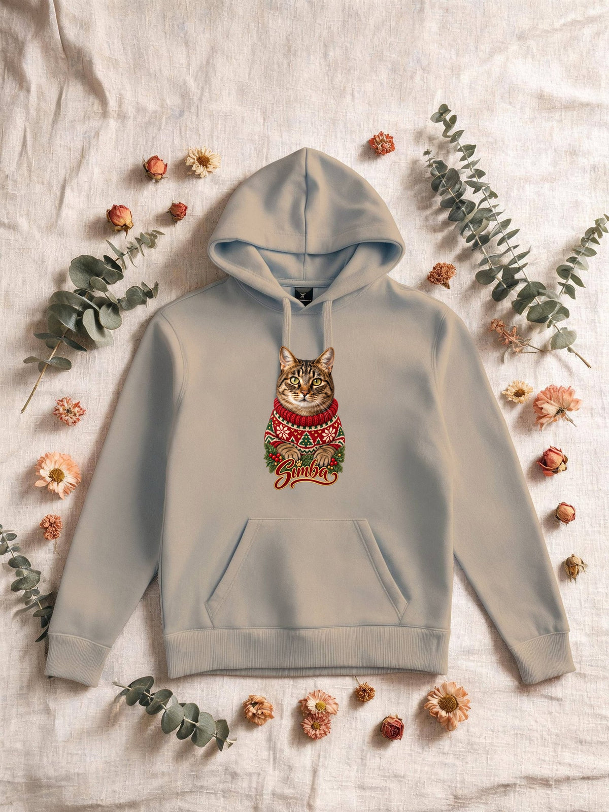 Sweat à capuche sable avec le portrait d’un chat en pull de Noël tricoté
