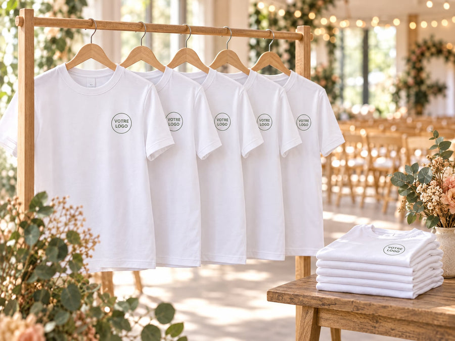 Une série de t-shirts blancs marqués « Votre logo », sur des cintres, dans une salle décorée pour une fête